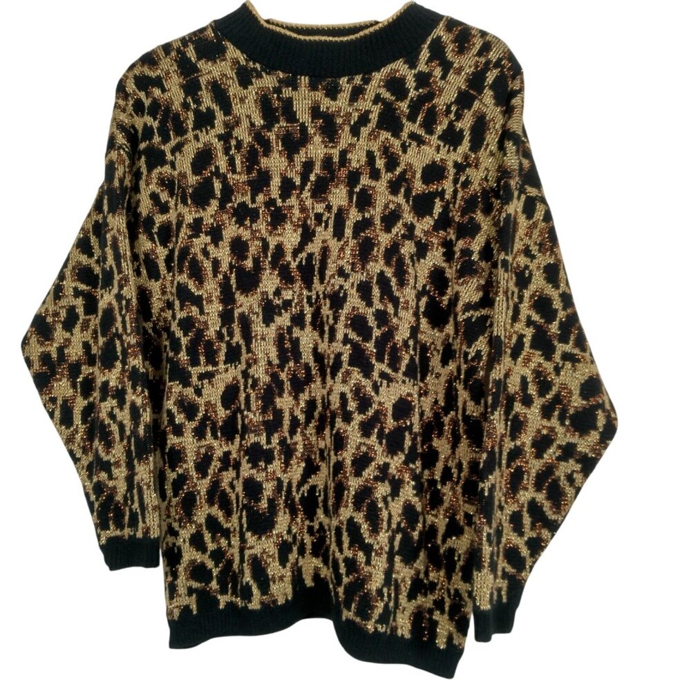 Vintage 1980s Rose Sweater M/L Black Metallic Bronze Leopard Cat Animal Funky